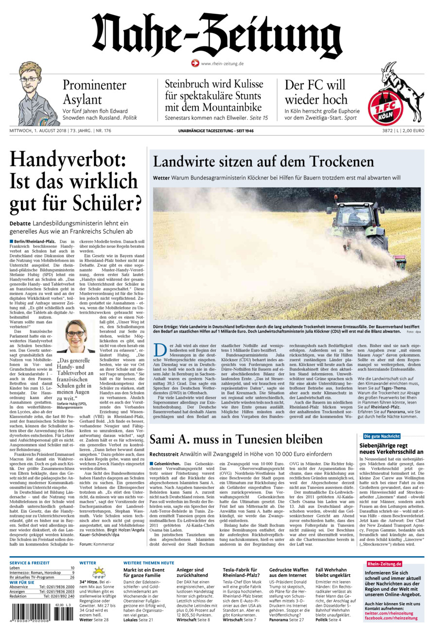 Nahe-Zeitung vom Mittwoch, 01.08.2018