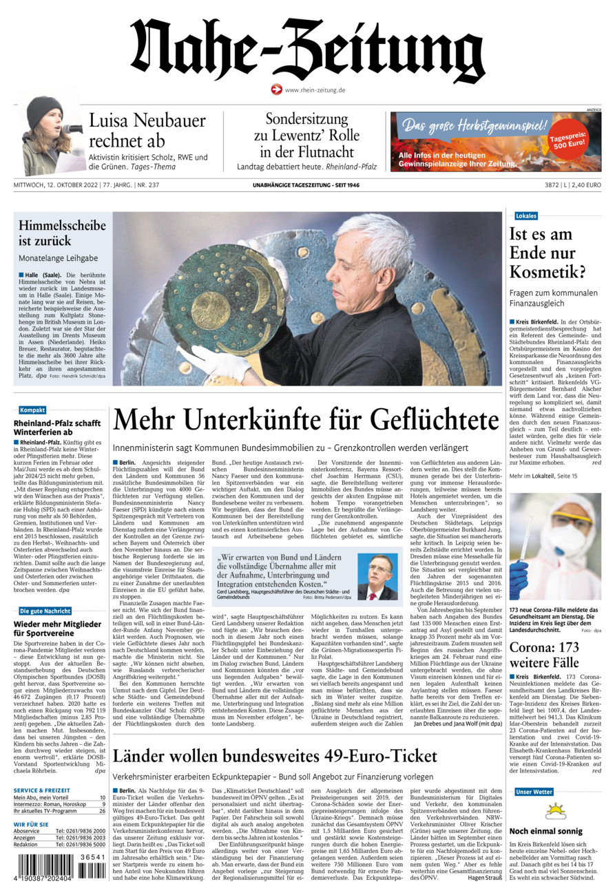 Nahe-Zeitung vom Mittwoch, 12.10.2022