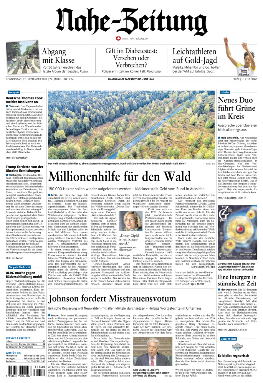 Nahe-Zeitung vom Donnerstag, 26.09.2019