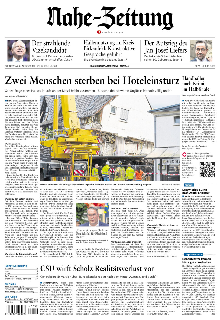 Nahe-Zeitung vom Donnerstag, 08.08.2024