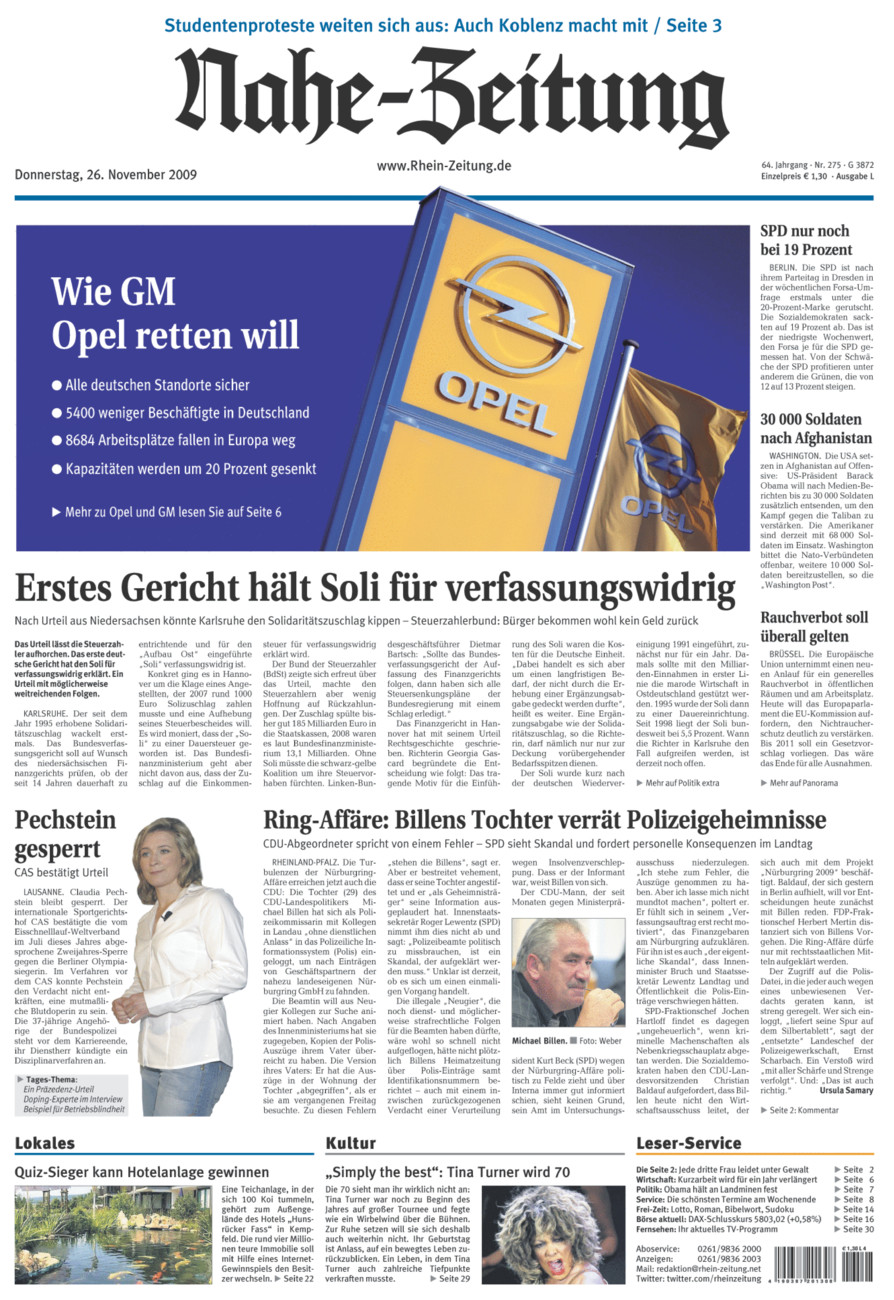Nahe-Zeitung vom Donnerstag, 26.11.2009