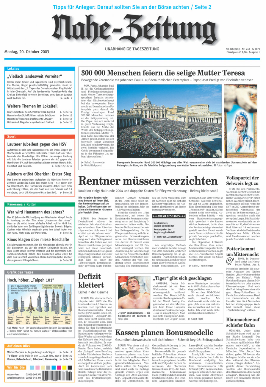 Nahe-Zeitung vom Montag, 20.10.2003