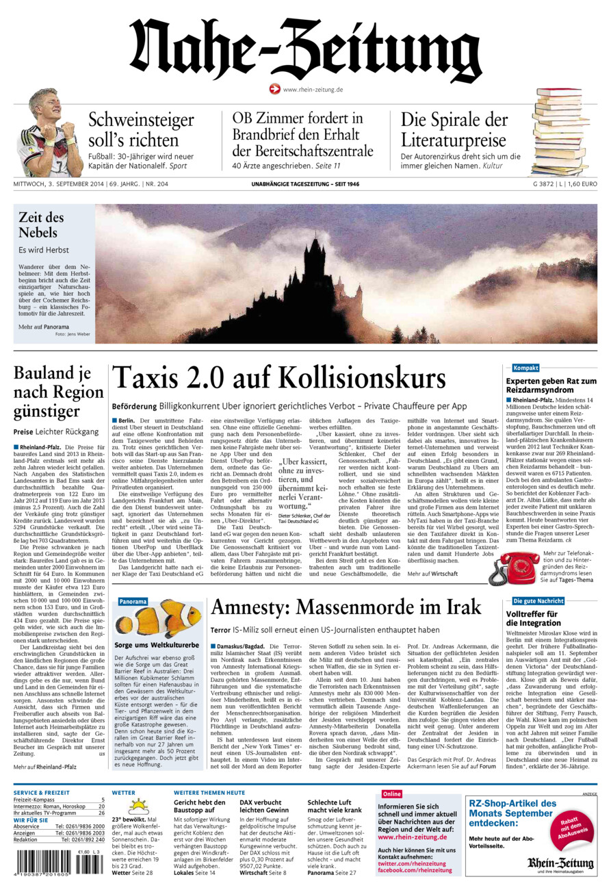 Nahe-Zeitung vom Mittwoch, 03.09.2014