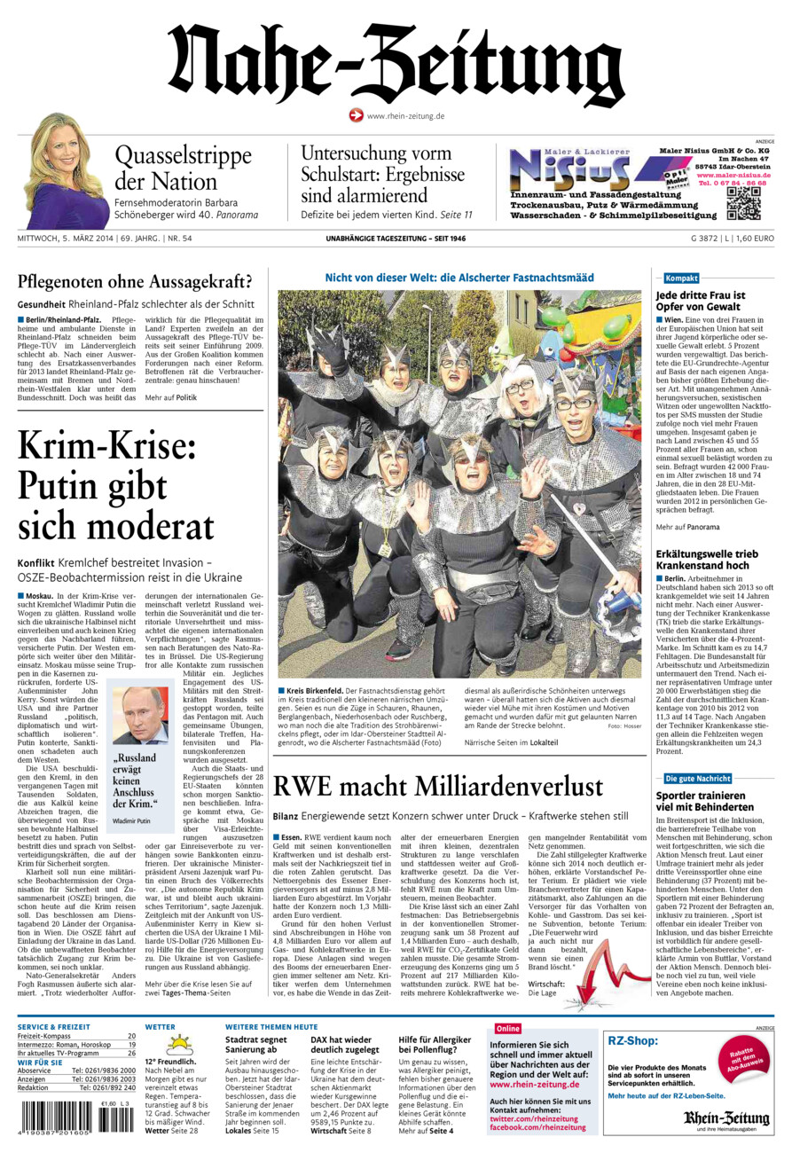 Nahe-Zeitung vom Mittwoch, 05.03.2014