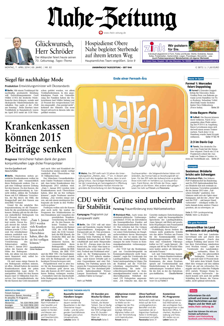 Nahe-Zeitung vom Montag, 07.04.2014