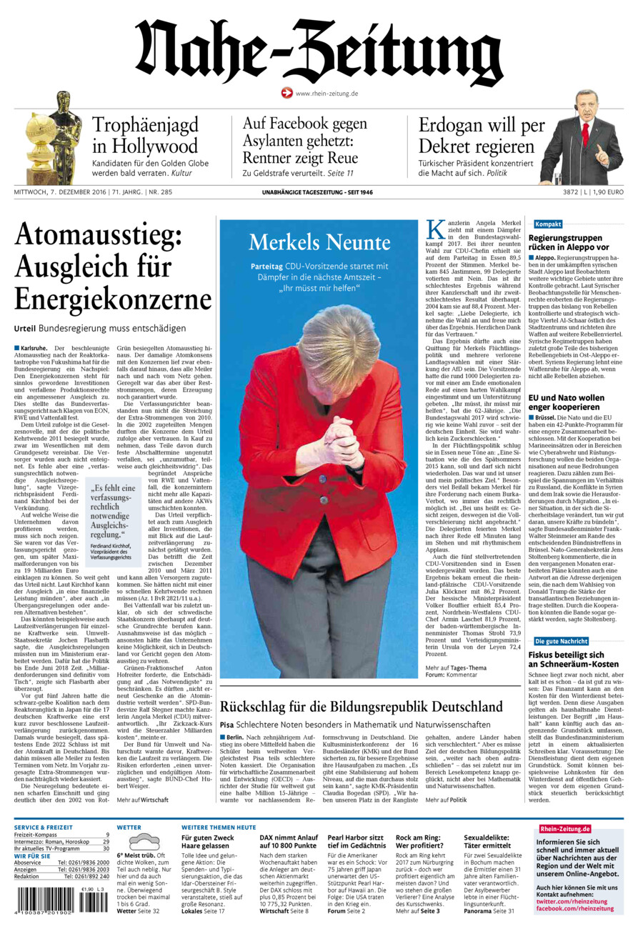 Nahe-Zeitung vom Mittwoch, 07.12.2016