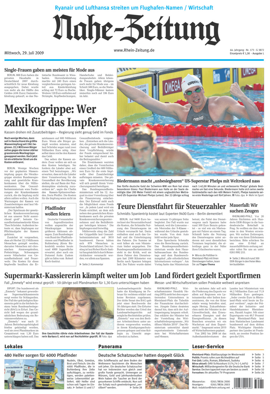 Nahe-Zeitung vom Mittwoch, 29.07.2009