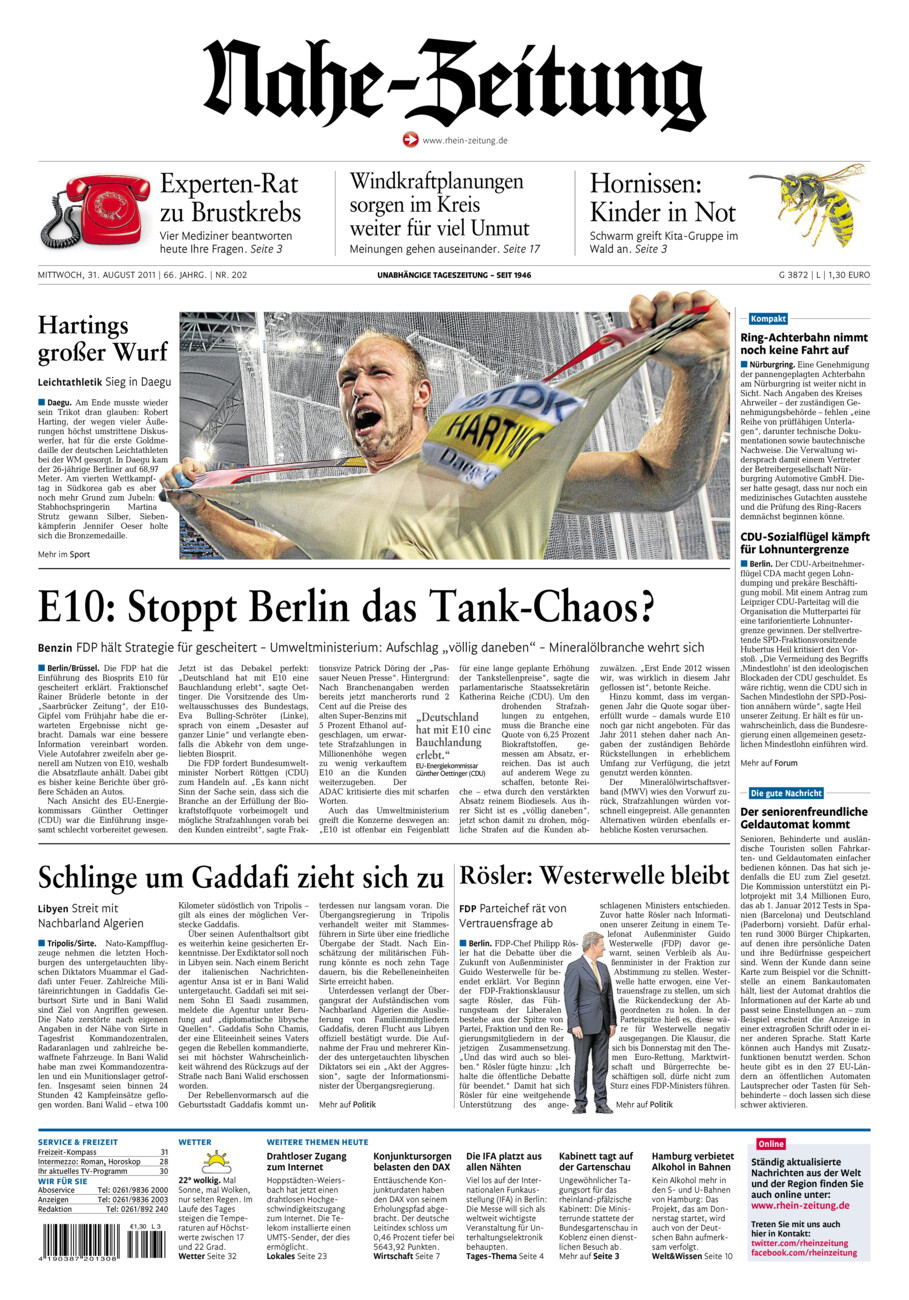 Nahe-Zeitung vom Mittwoch, 31.08.2011