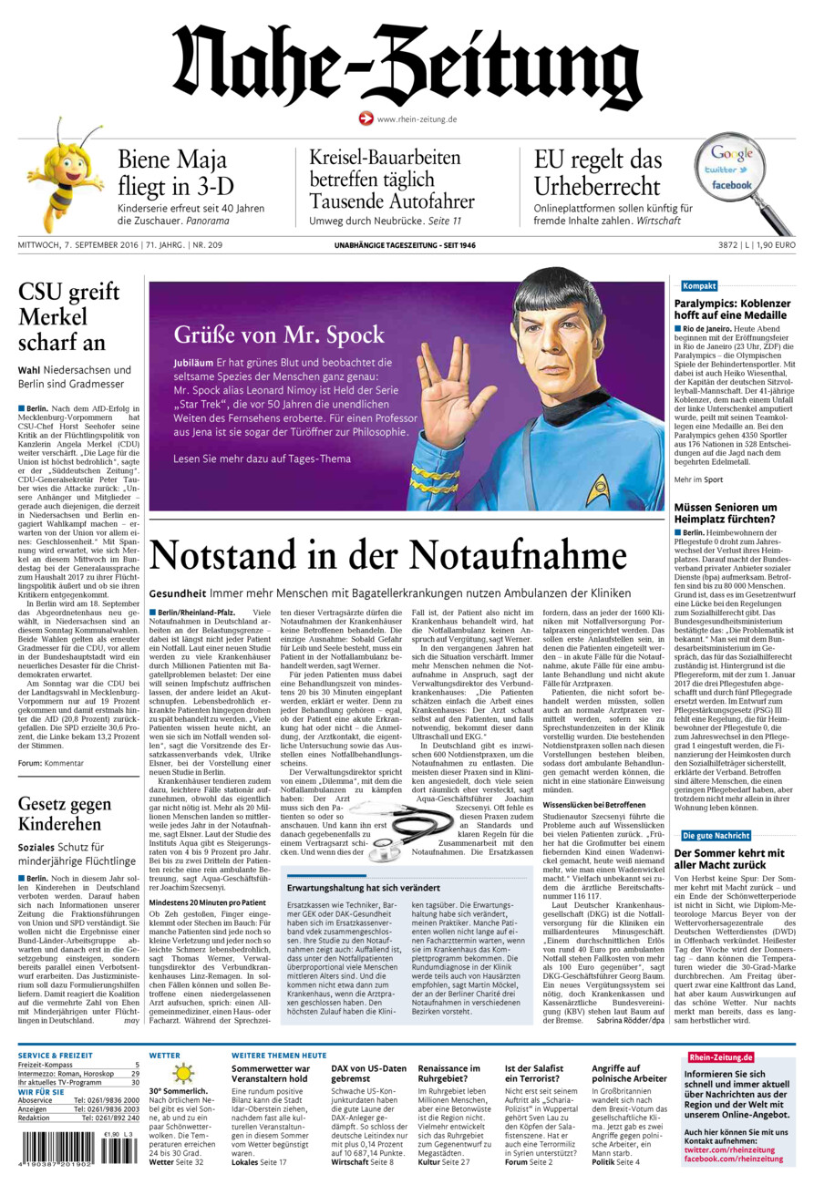 Nahe-Zeitung vom Mittwoch, 07.09.2016
