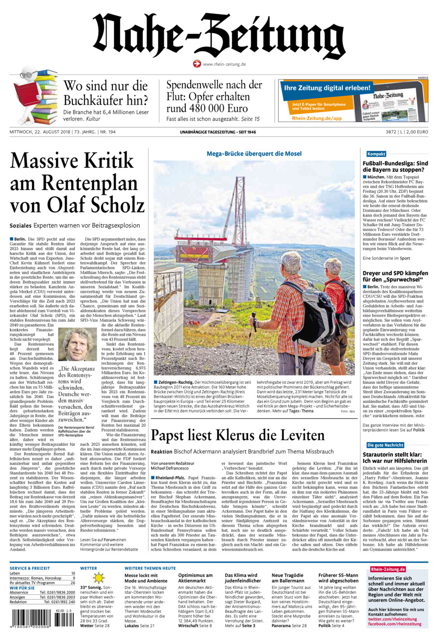 Nahe-Zeitung vom Mittwoch, 22.08.2018