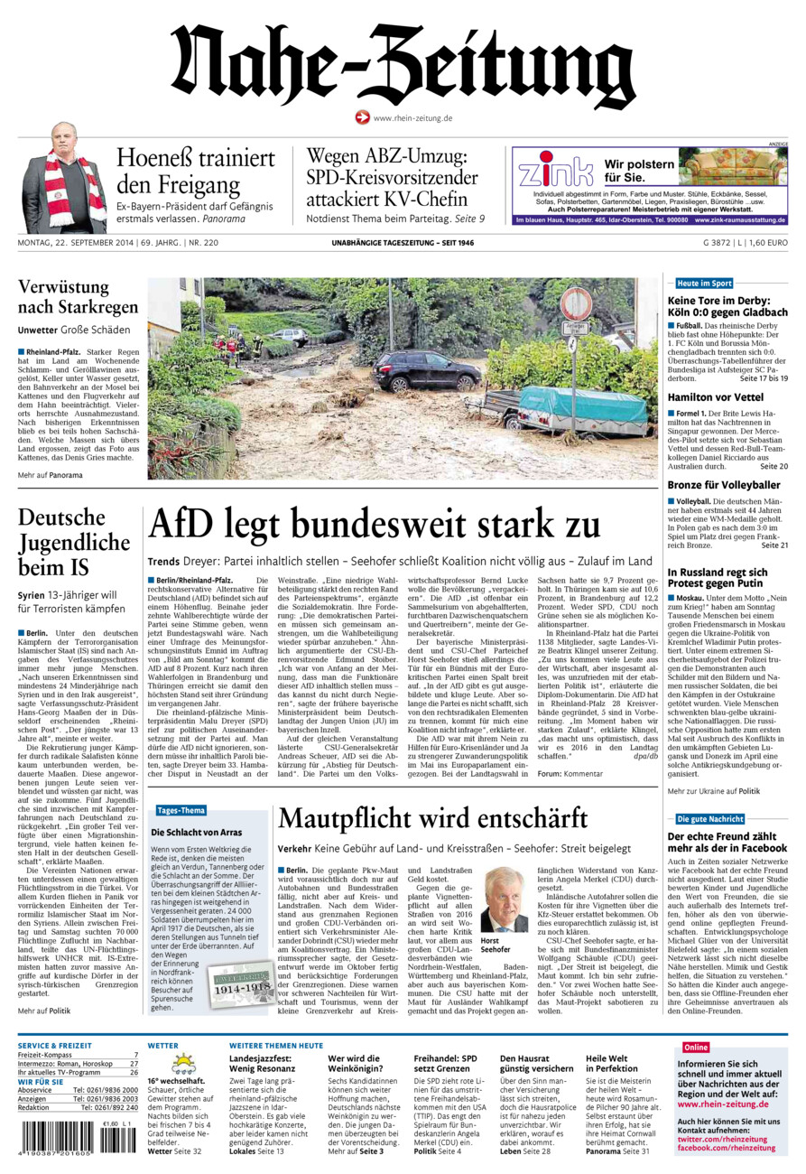 Nahe-Zeitung vom Montag, 22.09.2014