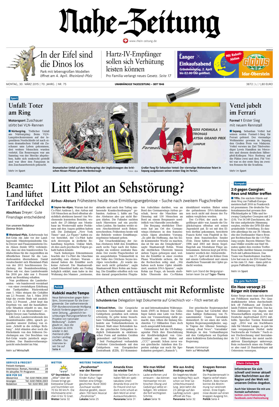 Nahe-Zeitung vom Montag, 30.03.2015