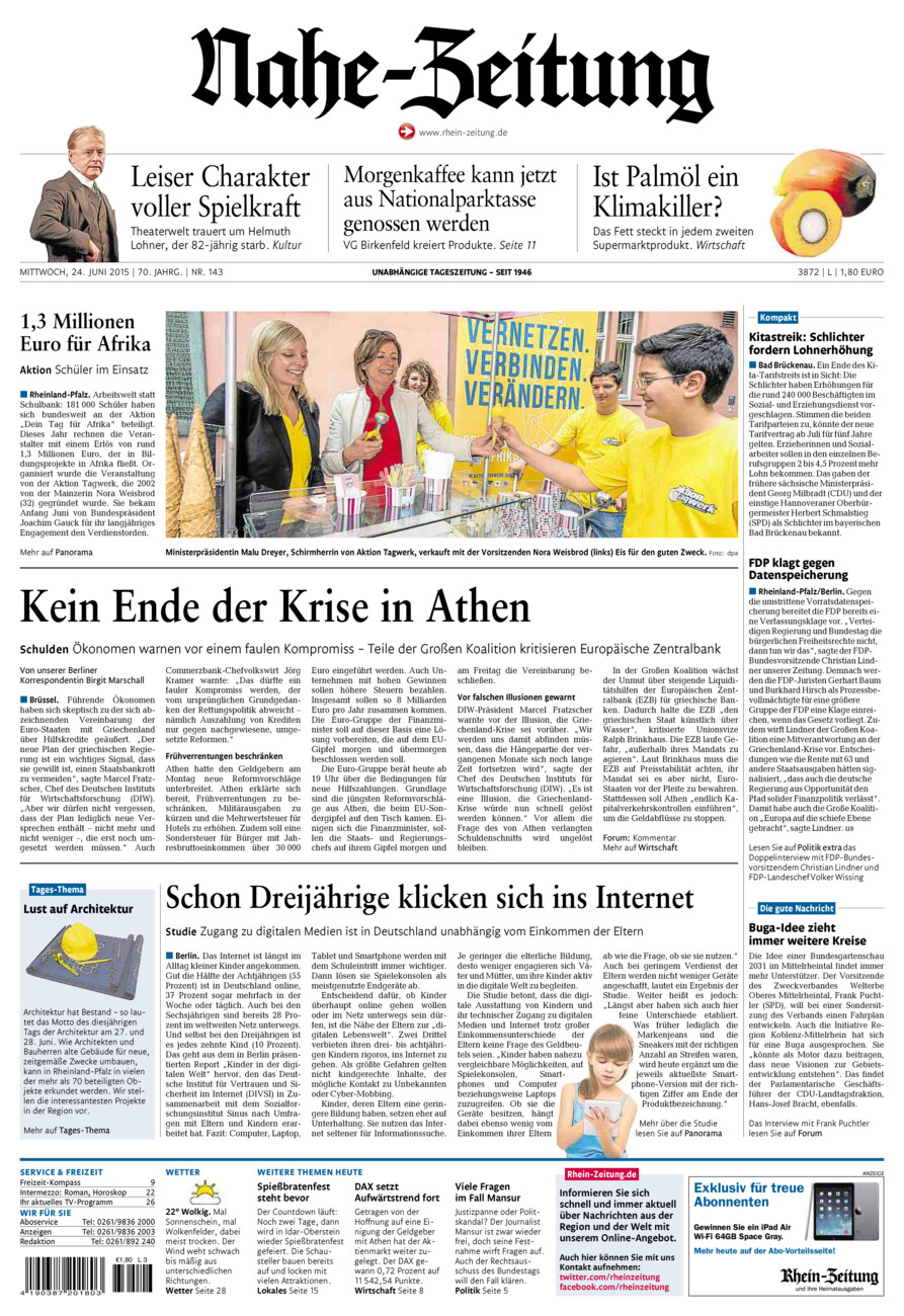 Nahe-Zeitung vom Mittwoch, 24.06.2015