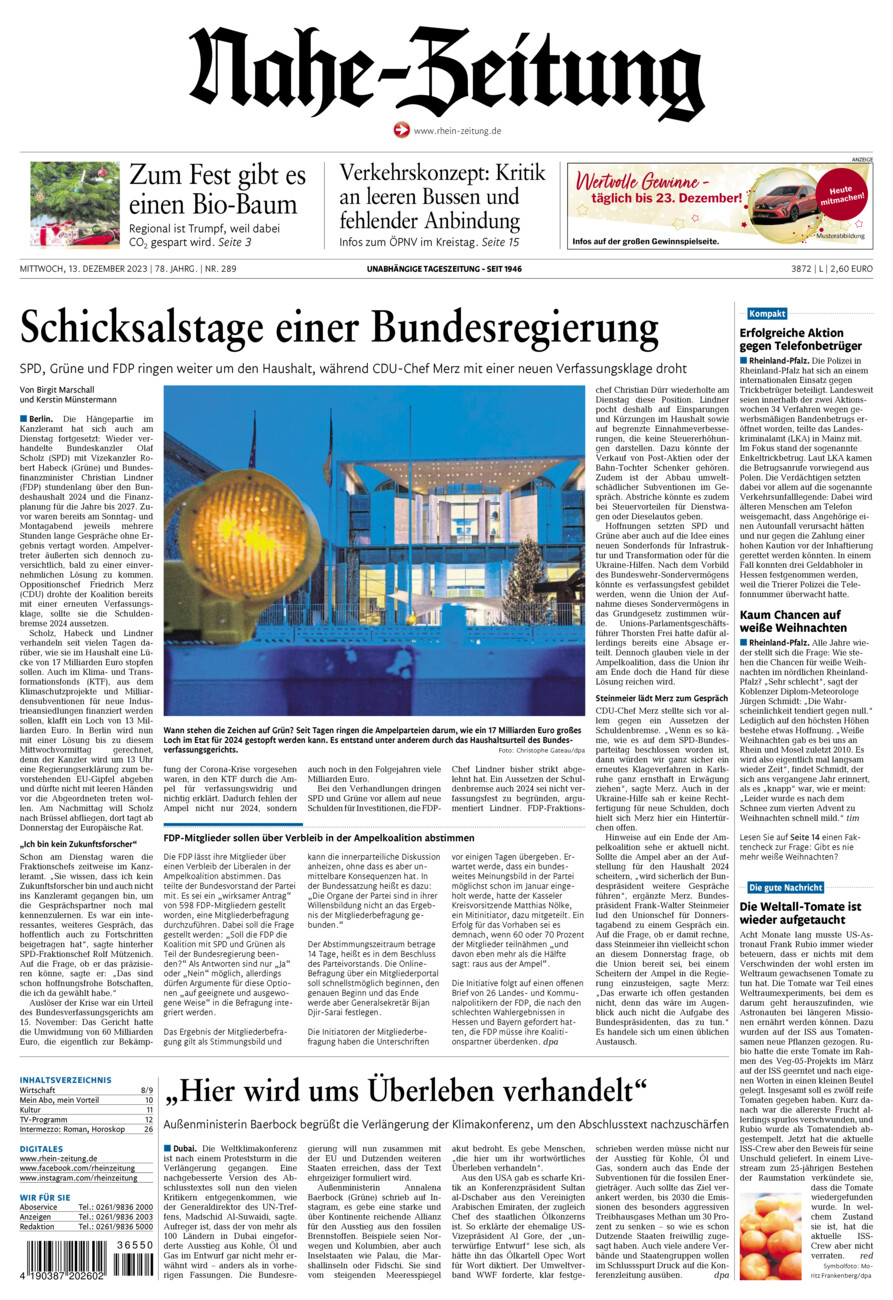 Nahe-Zeitung vom Mittwoch, 13.12.2023