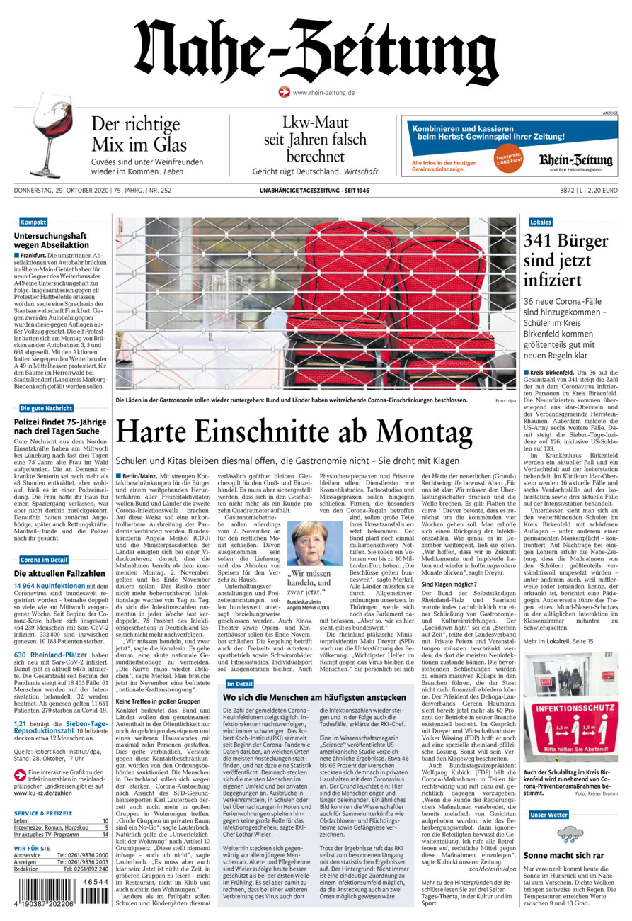 Nahe-Zeitung vom Donnerstag, 29.10.2020