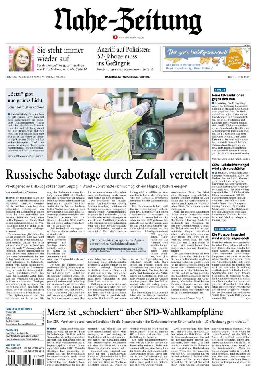 Nahe-Zeitung vom Dienstag, 15.10.2024