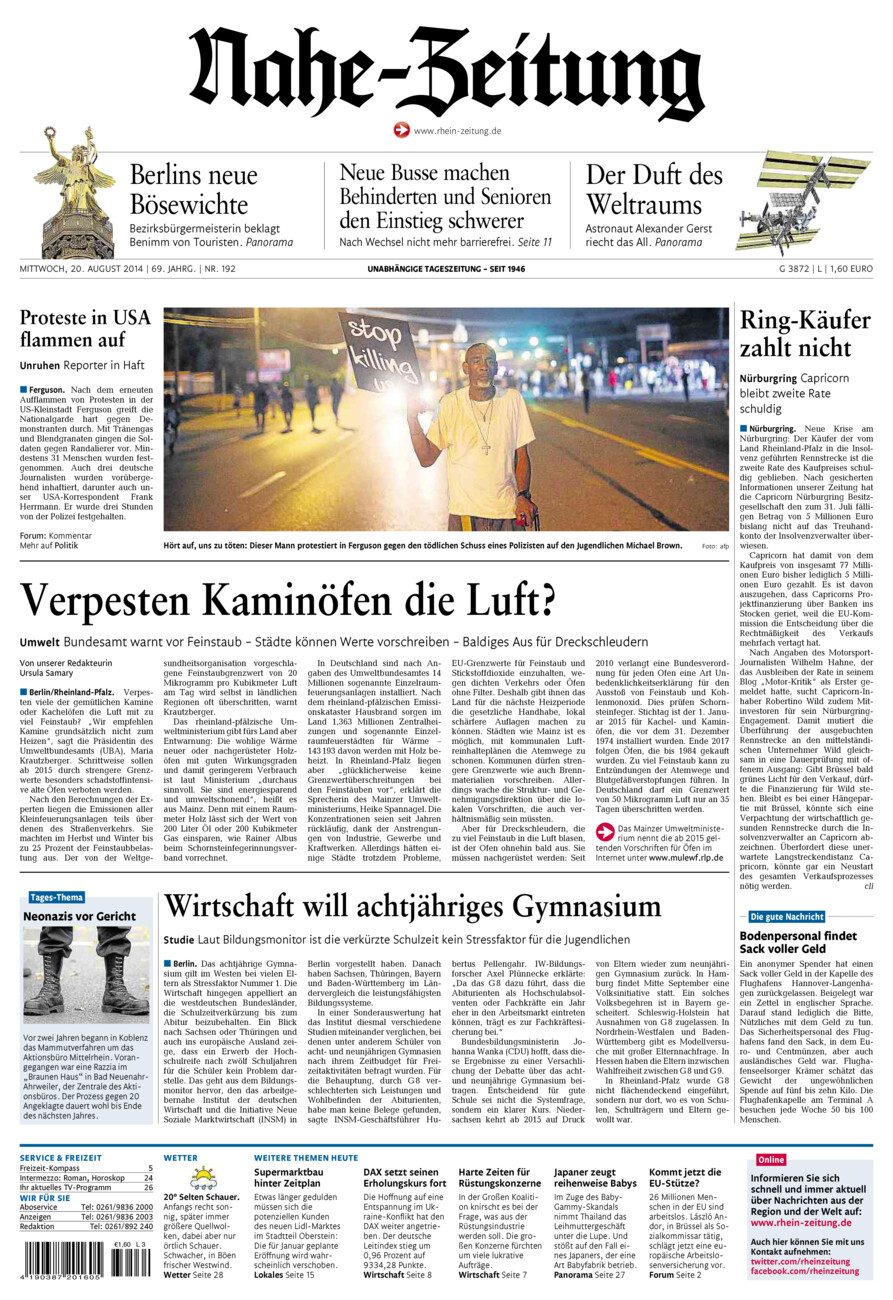 Nahe-Zeitung vom Mittwoch, 20.08.2014