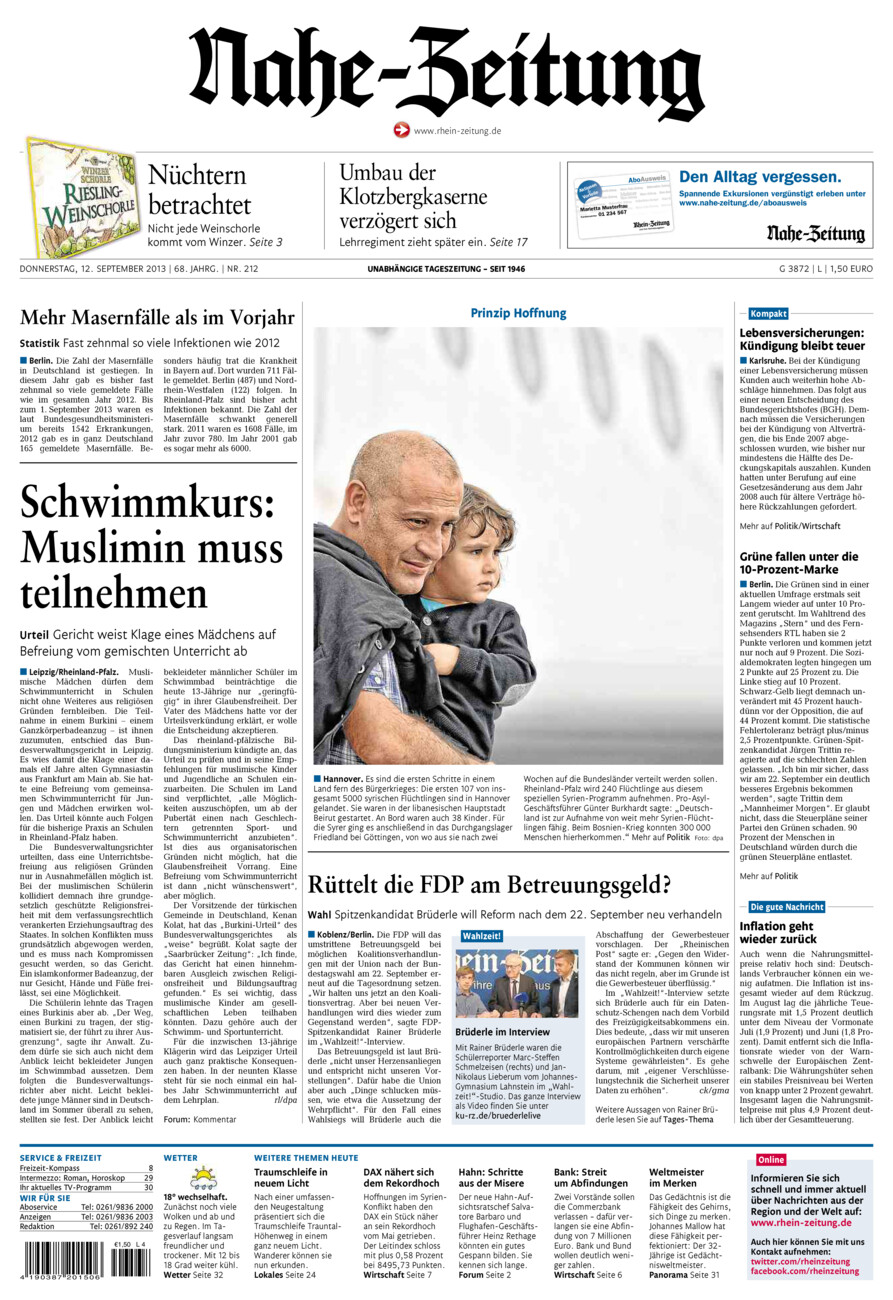 Nahe-Zeitung vom Donnerstag, 12.09.2013