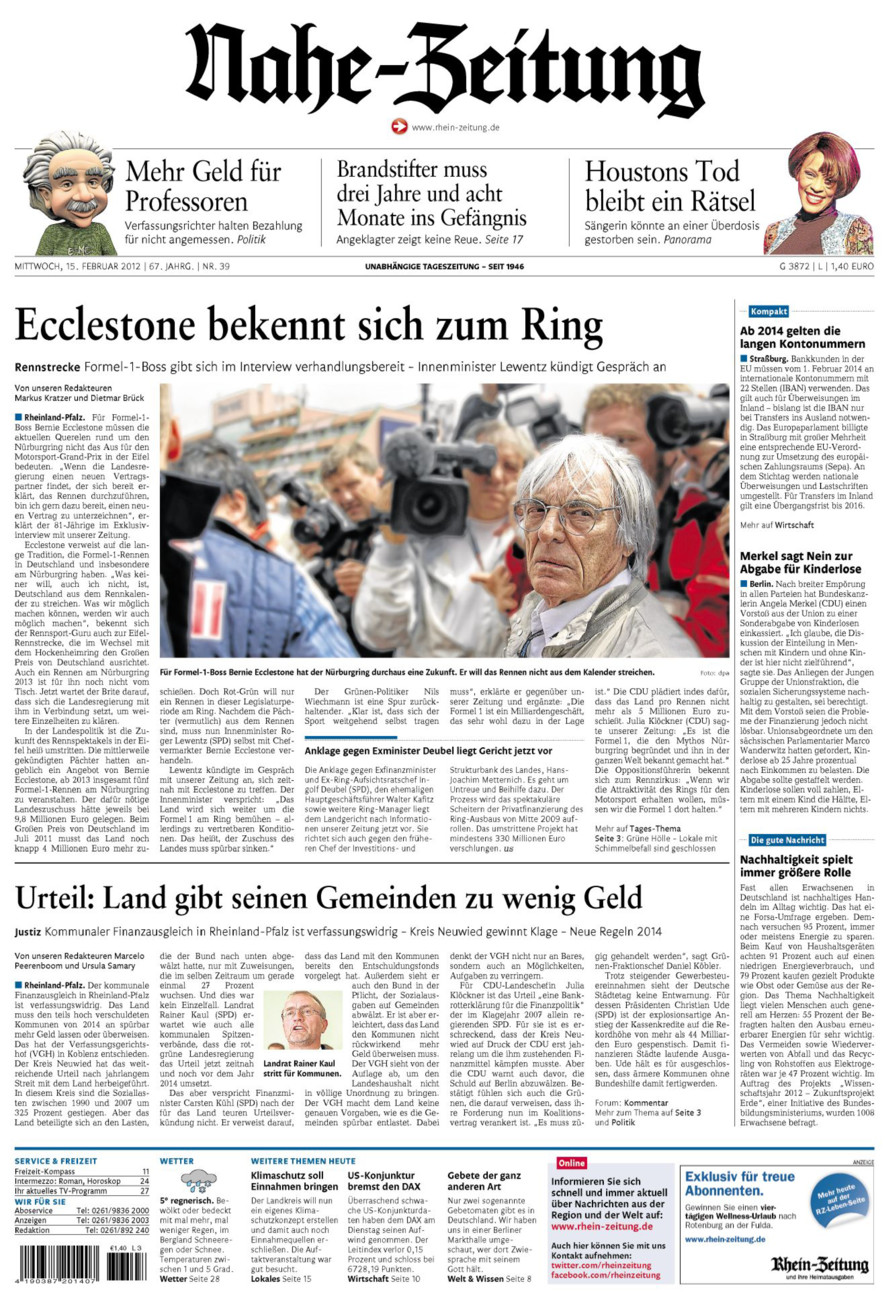 Nahe-Zeitung vom Mittwoch, 15.02.2012
