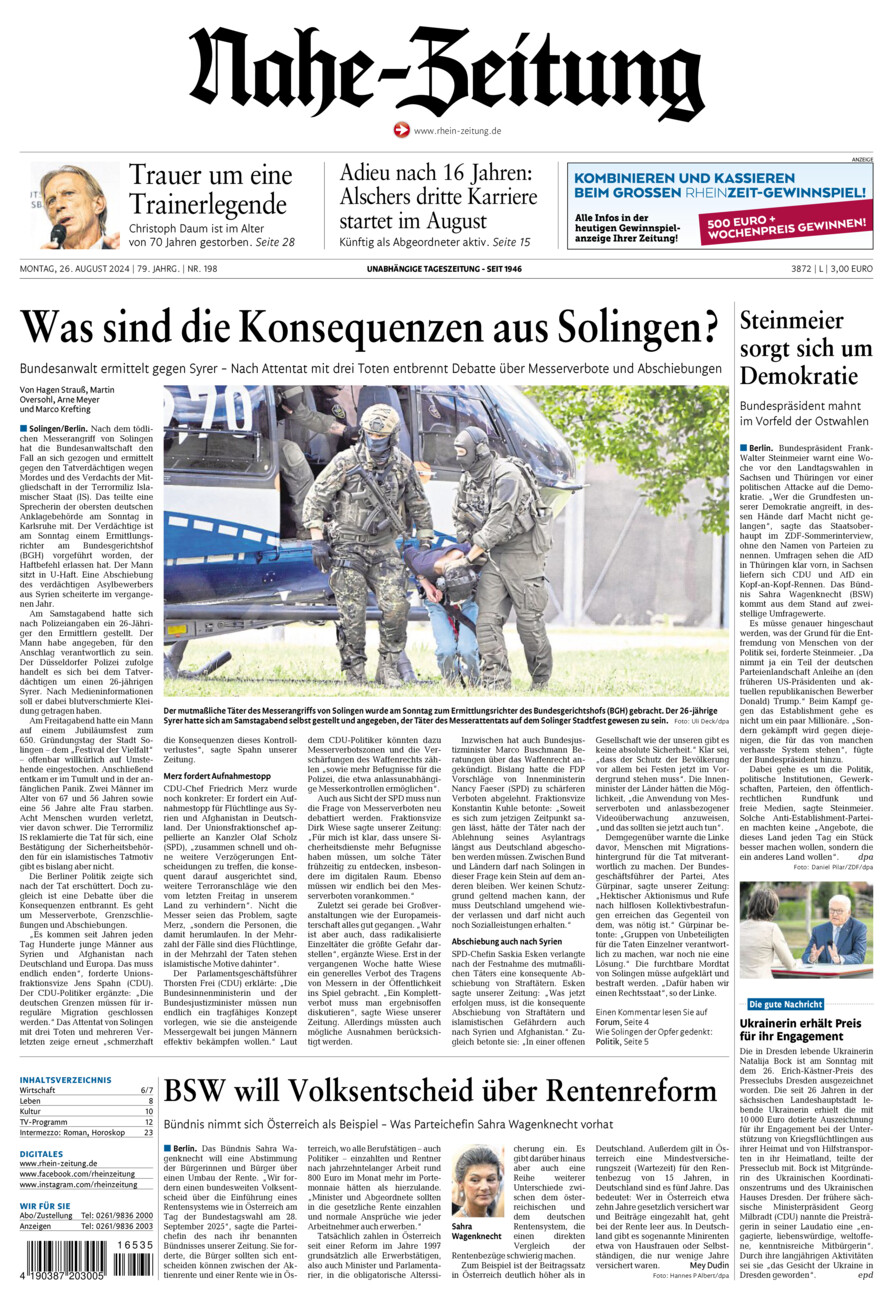 Nahe-Zeitung vom Montag, 26.08.2024