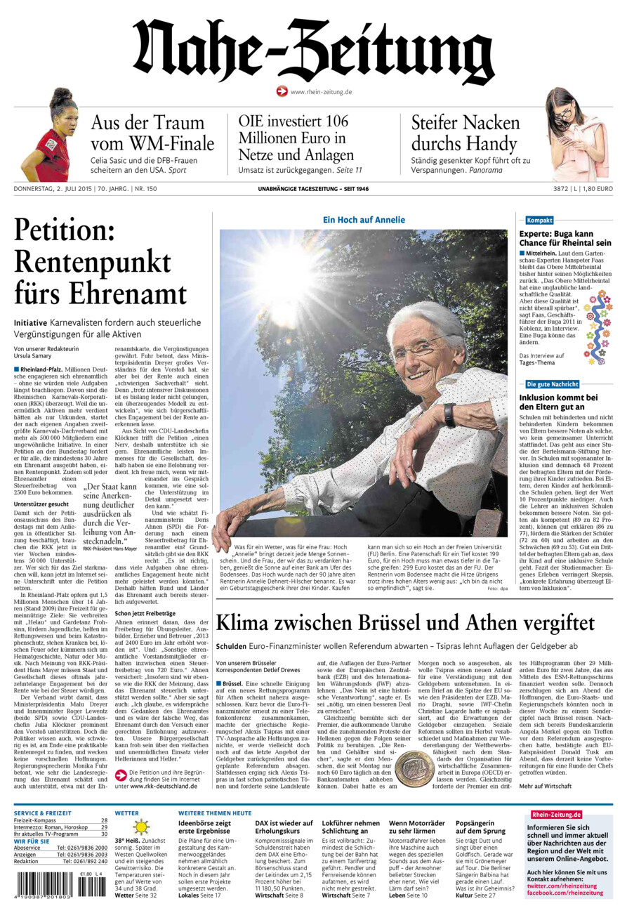 Nahe-Zeitung vom Donnerstag, 02.07.2015