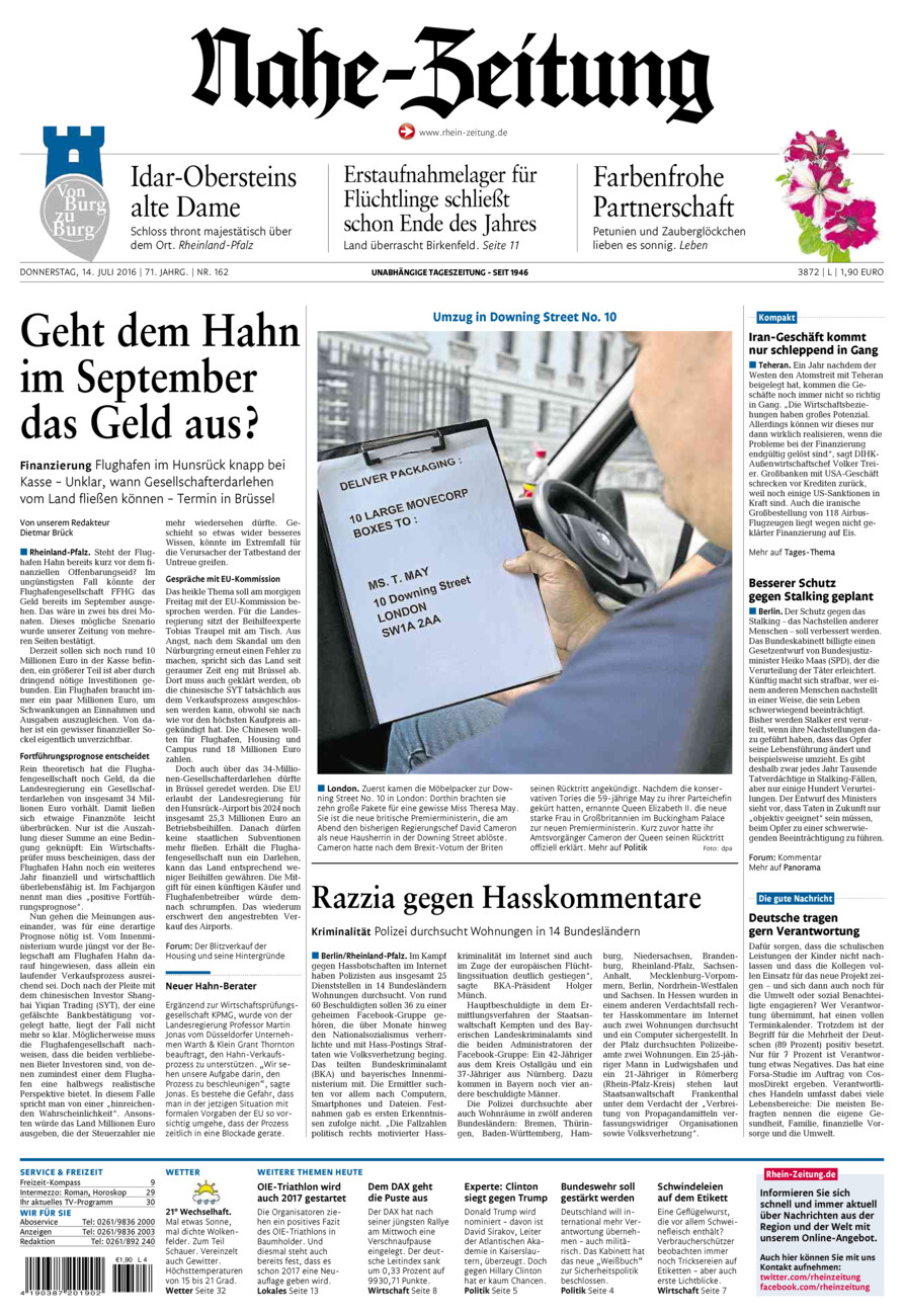 Nahe-Zeitung vom Donnerstag, 14.07.2016