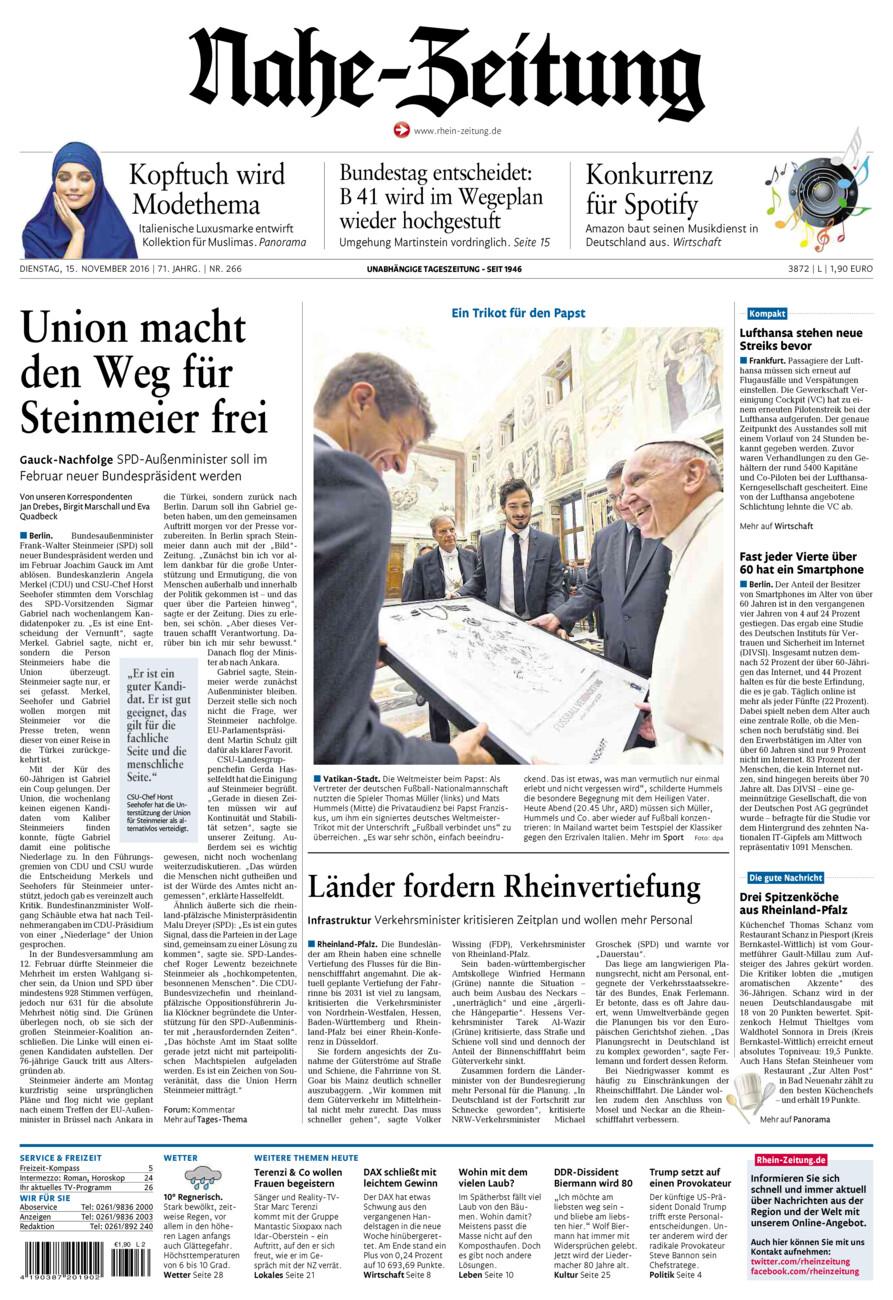 Nahe-Zeitung vom Dienstag, 15.11.2016