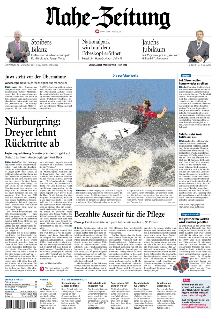 Nahe-Zeitung vom Mittwoch, 15.10.2014