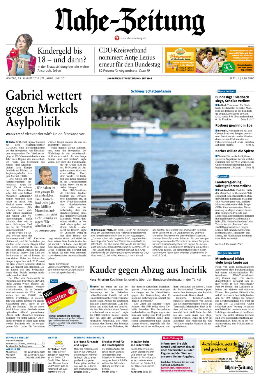 Nahe-Zeitung vom Montag, 29.08.2016