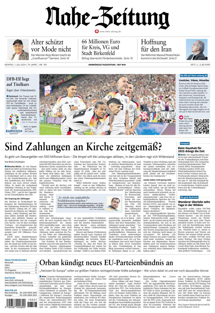 Nahe-Zeitung vom Montag, 01.07.2024