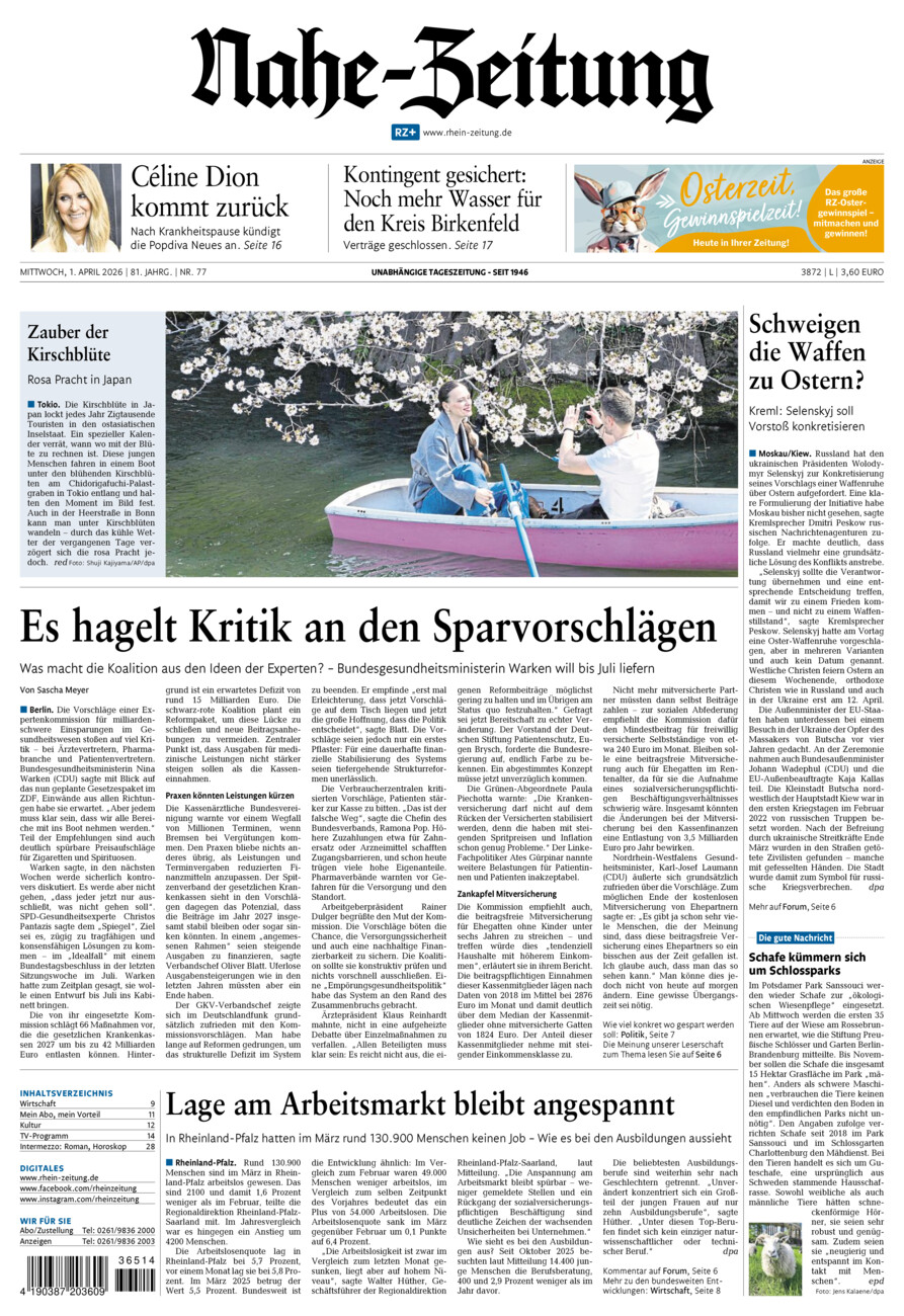 Nahe-Zeitung vom Mittwoch, 01.04.2026