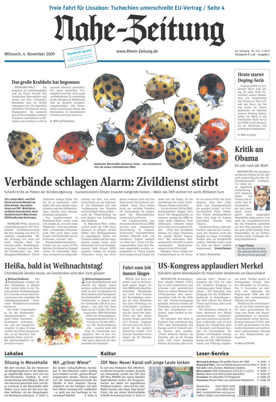 Nahe-Zeitung vom Mittwoch, 04.11.2009