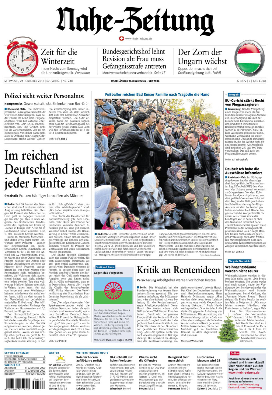 Nahe-Zeitung vom Mittwoch, 24.10.2012