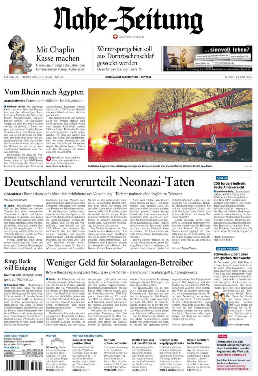 Nahe-Zeitung vom Freitag, 24.02.2012