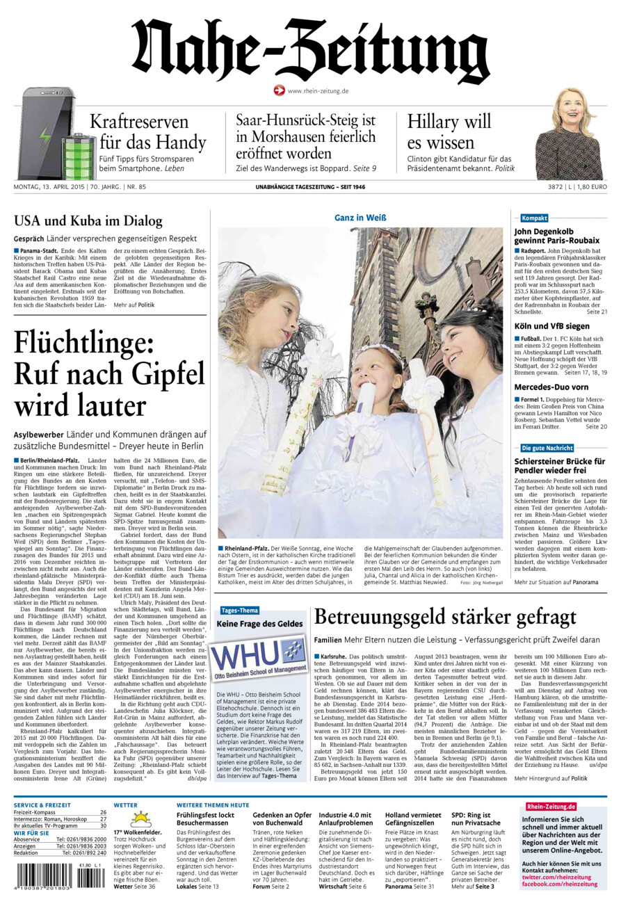 Nahe-Zeitung vom Montag, 13.04.2015