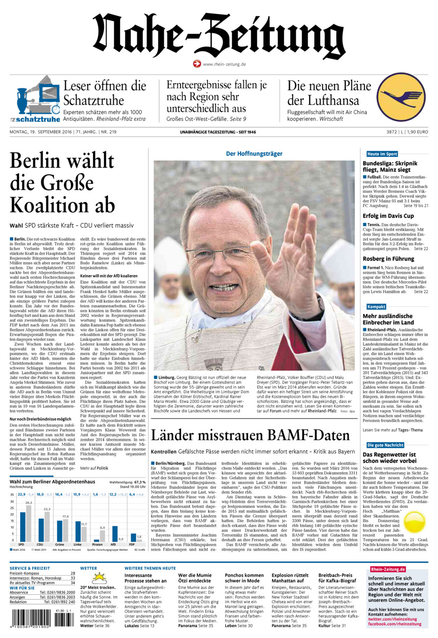 Nahe-Zeitung vom Montag, 19.09.2016