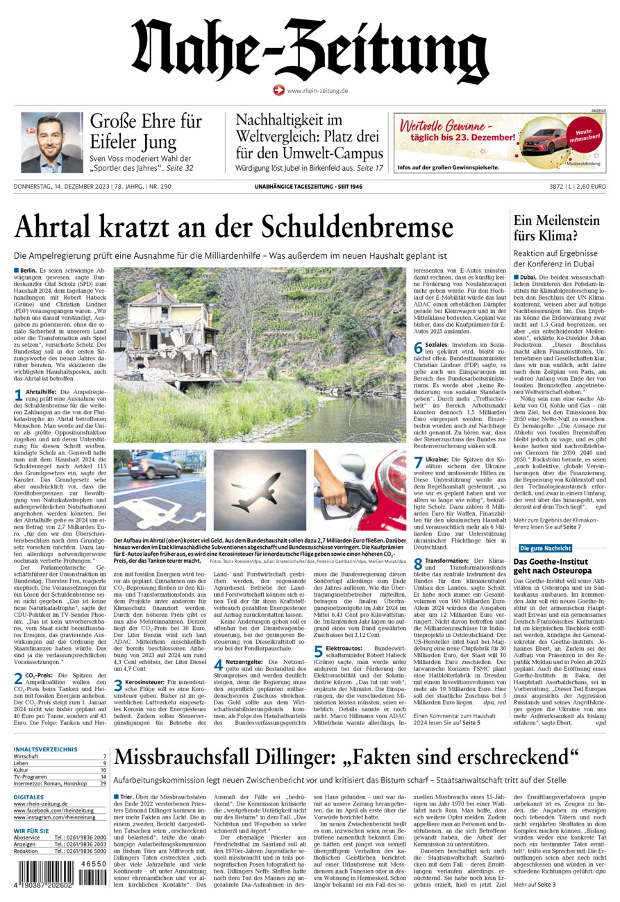 Nahe-Zeitung vom Donnerstag, 14.12.2023