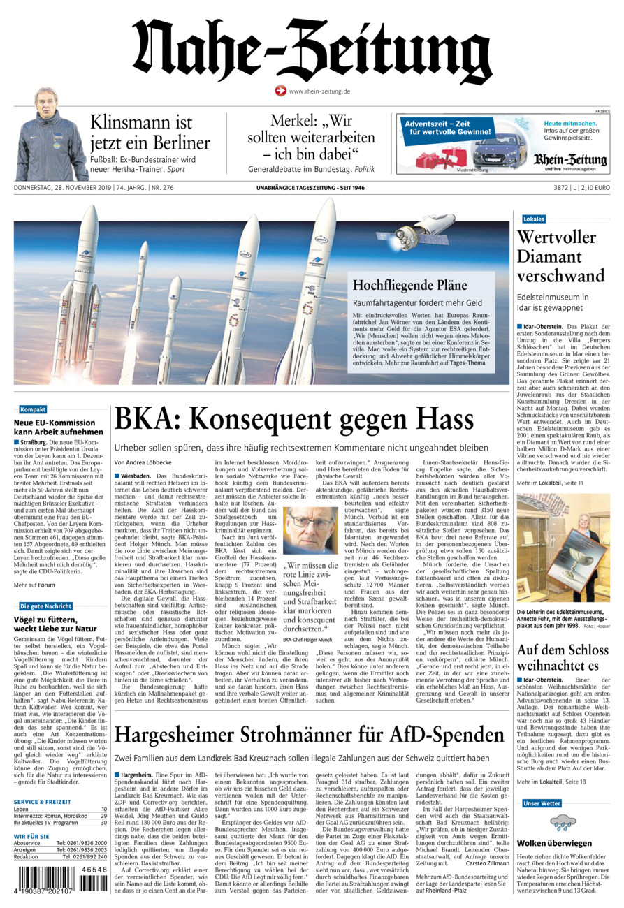 Nahe-Zeitung vom Donnerstag, 28.11.2019