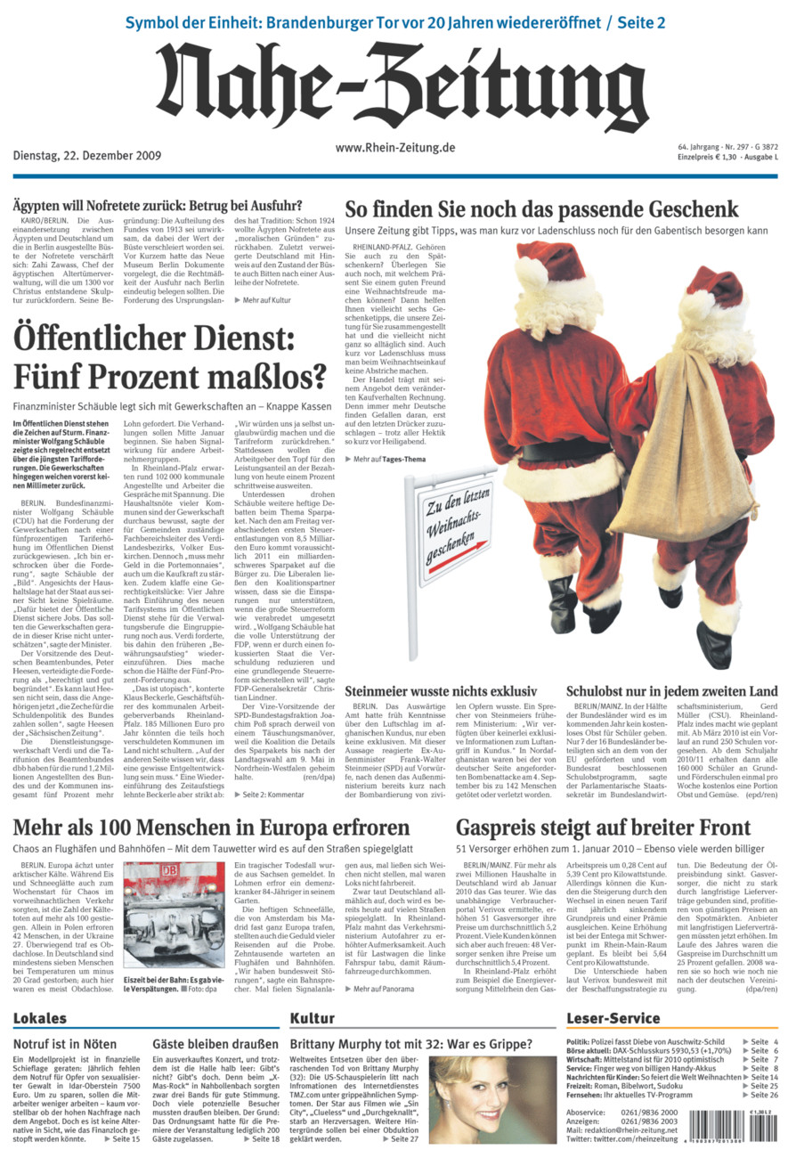 Nahe-Zeitung vom Dienstag, 22.12.2009
