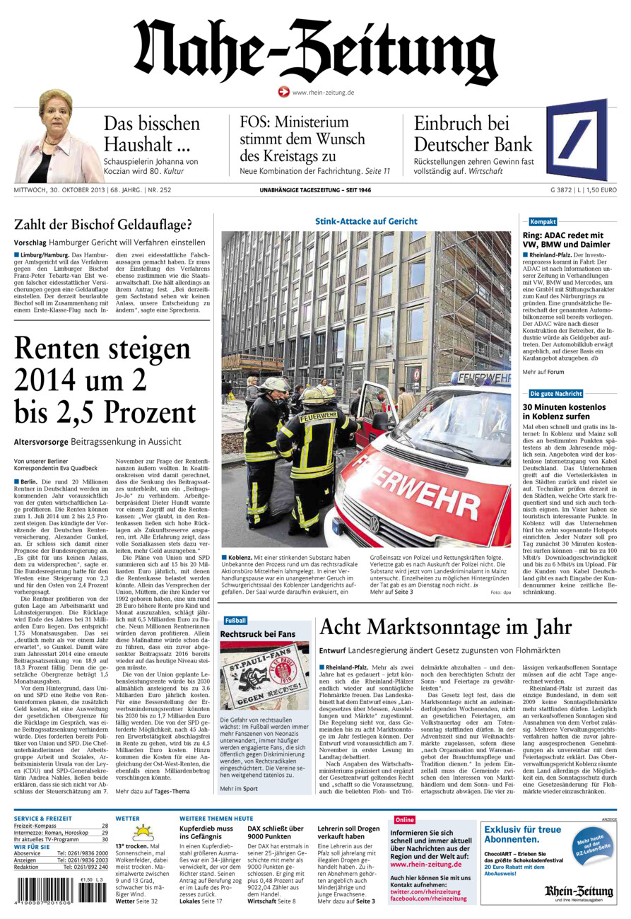 Nahe-Zeitung vom Mittwoch, 30.10.2013