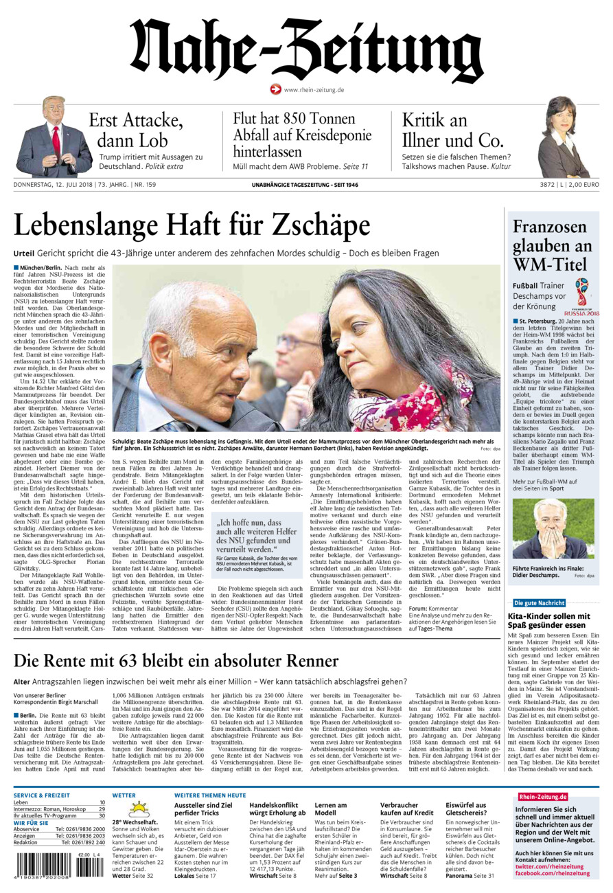 Nahe-Zeitung vom Donnerstag, 12.07.2018