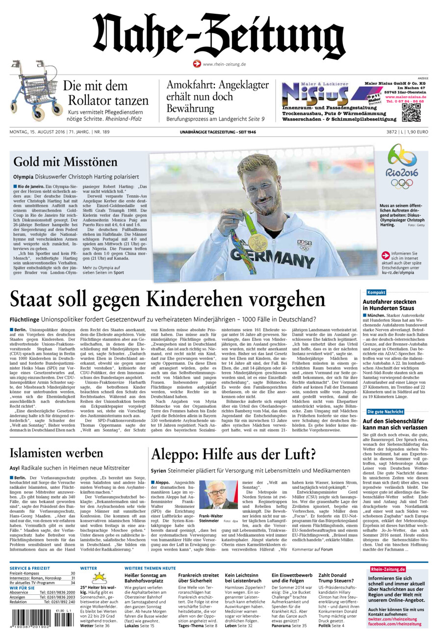 Nahe-Zeitung vom Montag, 15.08.2016