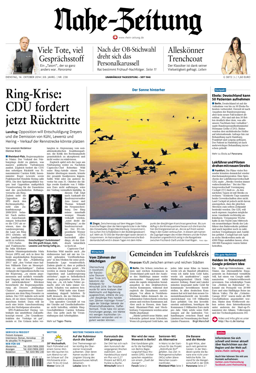 Nahe-Zeitung vom Dienstag, 14.10.2014