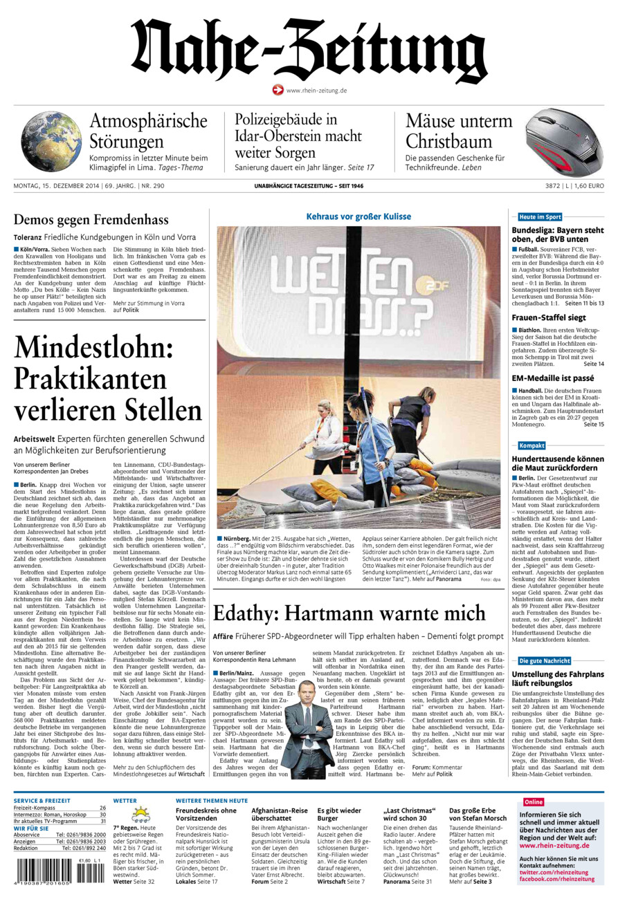 Nahe-Zeitung vom Montag, 15.12.2014