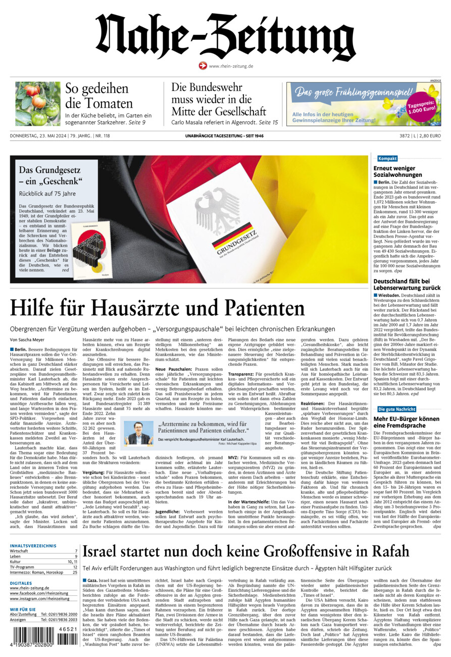 Nahe-Zeitung vom Donnerstag, 23.05.2024