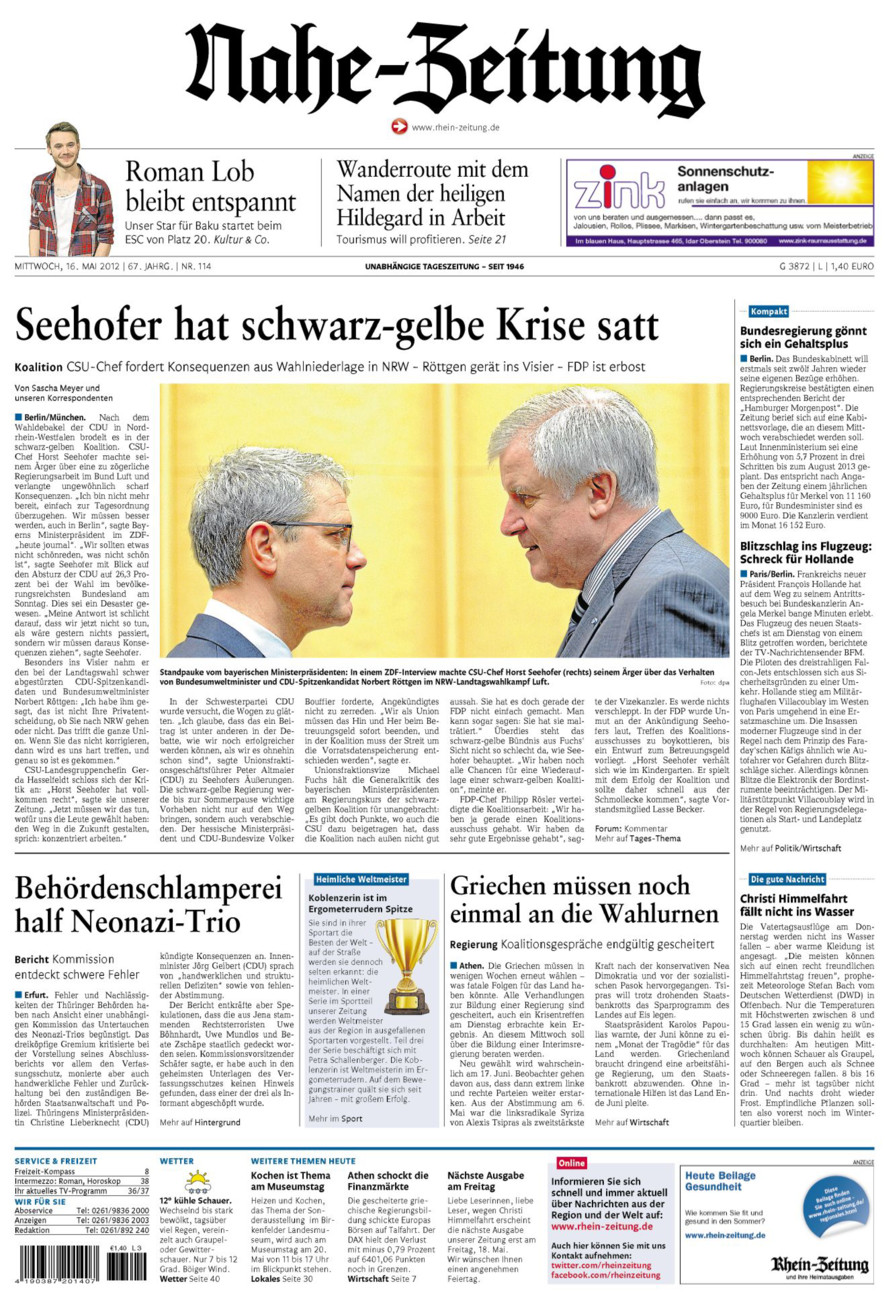 Nahe-Zeitung vom Mittwoch, 16.05.2012