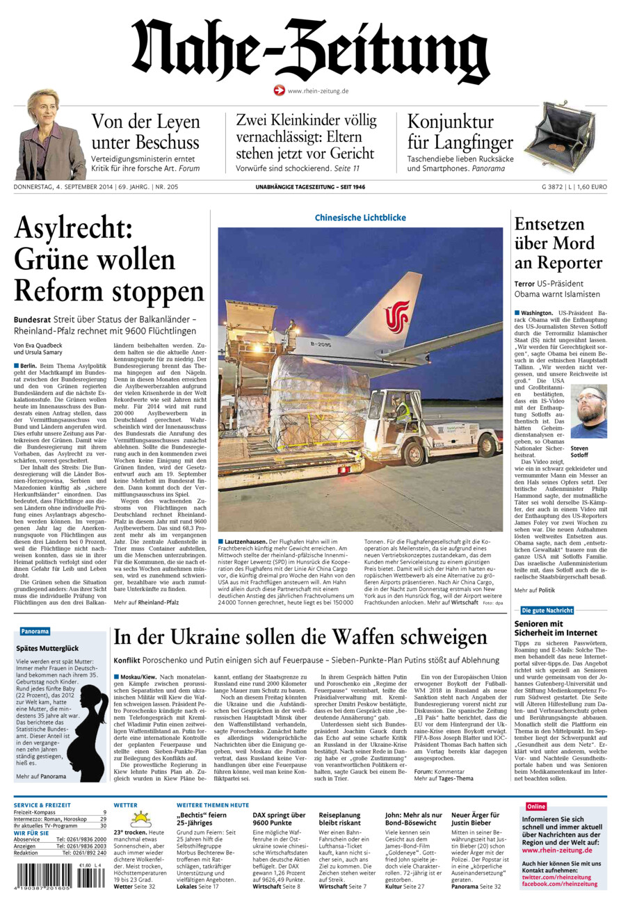 Nahe-Zeitung vom Donnerstag, 04.09.2014