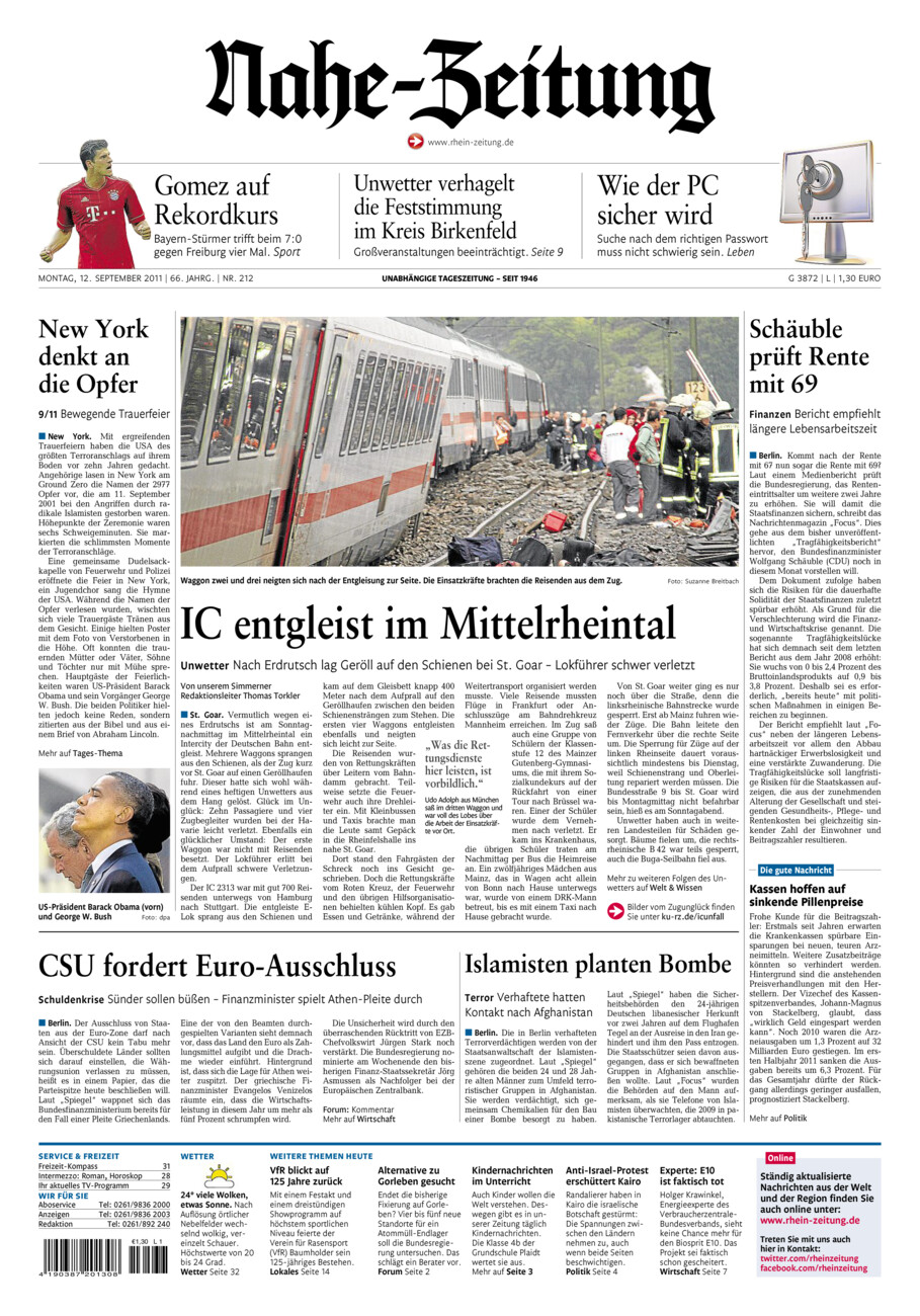 Nahe-Zeitung vom Montag, 12.09.2011