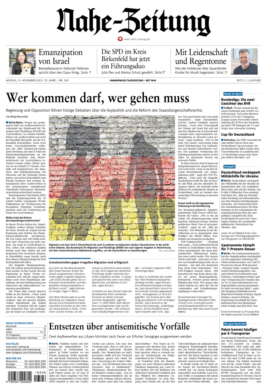 Nahe-Zeitung vom Montag, 13.11.2023