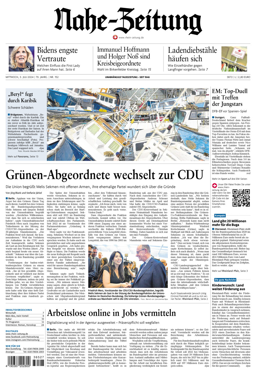 Nahe-Zeitung vom Mittwoch, 03.07.2024